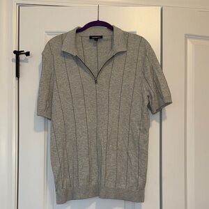 Express Gray Short-Sleeve Zip Polo with Pinstripes